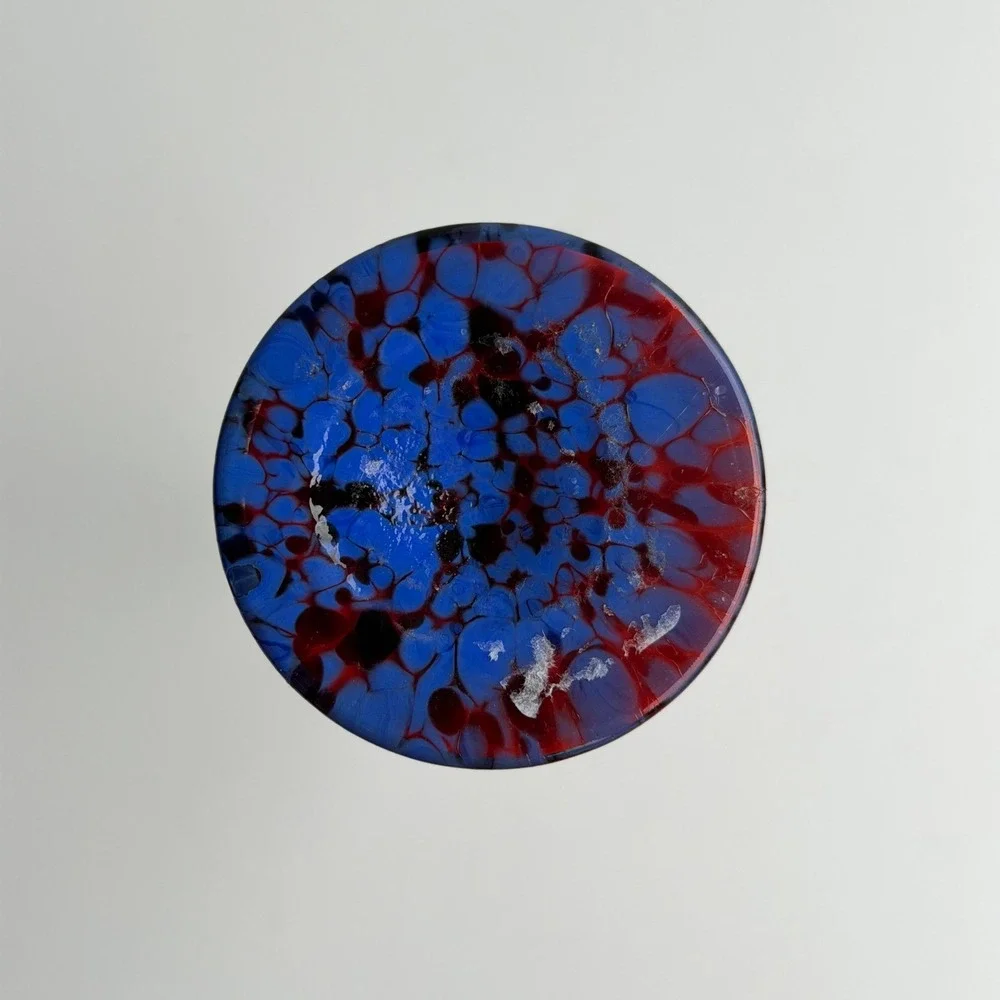 Vintage‎ Hand Blown Glass Bud Vase Red Blue Splatter Swirl Mid Century Retro